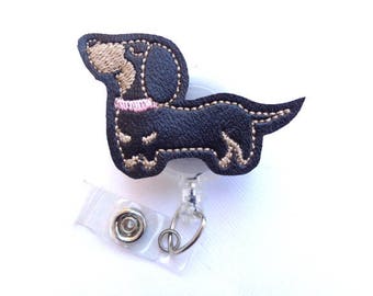Vinyl Badge Holder Retractable badge reel - Doxie Dachshund - black marine vinyl with light pink - dog puppy badge reel - nurse badge holder