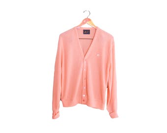 vintage cardigan / grandpa cardigan / pink cardigan / 1990s pink acrylic knit grunge cardigan Medium
