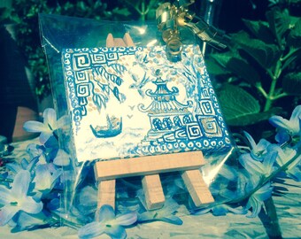 Minitiature blue painting in willow pattern style-minitiature painting-handpainted mini painting