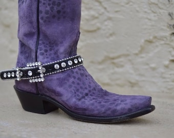 Black leather boot bling Rhinestone-encrusted