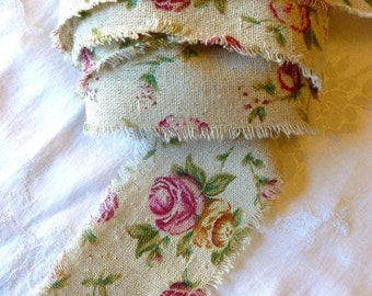 Rose linen Ribbon, Linen Trim, Old Fashioned Pink Roses, Taupe Linen, 2.5 inches wide, 2 YARDS, Romantic, Weddings, Special Occasion Ribbon