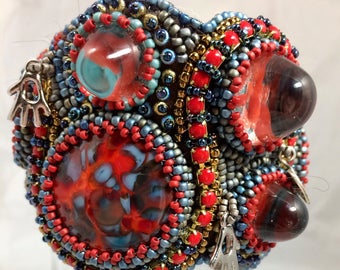 HEARTS and HANDS; Lava of LOVE bead embroidery cuff borosilicate glass cabochons lampwork beads