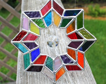 Multicolored Geometric Stained Glass Suncatcher with Glass Crystal Prism