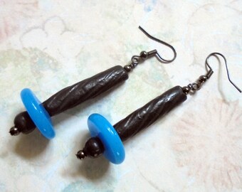 Oaxaca Black Clay and Aqua Blue Ethnic Earrings (2925)