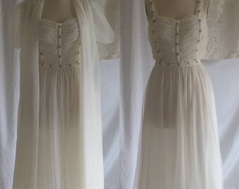 Vintage 1950's Peignoir Set | White Nylon Chiffon with Embroidered Satin Ribbon | Bridal Trousseau | Nightgown & Robe | Roger's | Size M