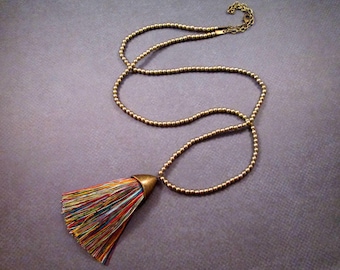 Rainbow Tassel Necklace, Pendant Necklace, Rayon Tassel and Brass Beaded Necklace, FREE Shipping U.S.