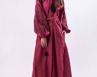 Burgundy linen Long dress with silk embroidery Ukrainian ethno style