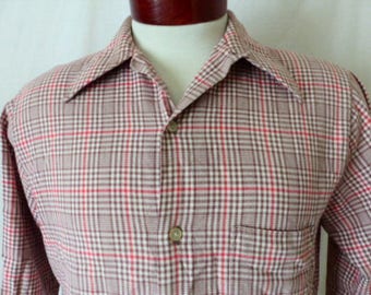 vintage 70's brown cream red glen plaid big collar shirt long sleeve button up dress shirt slim fit medium preppy traditional tailored