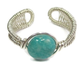 Wire-Wrapped Amazonite and Sterling Silver Adjustable Ring (SWSRSS8)