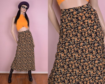 90s Floral Print Maxi Skirt/ US 6/ 1990s
