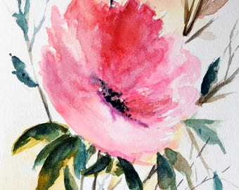 Original Watercolor Flower Painting, Red Poppy Art, Watercolor Floral Art 6x8 Inch