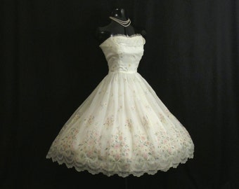 Vintage 1950's 50's STRAPLESS Ivory Pink Flocked Floral Chiffon Organza Party Prom Wedding Dress Medium Size