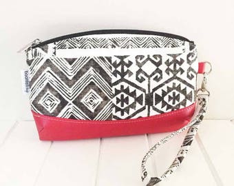 Wristlet Pouch, Zippered Pouch, Wristlet w/Strap, Faux Leather & Fabric Wristlet, Handmade Wristlet, Aztec Fabric, Clematis Wristlet