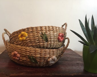 Vintage Woven Raffia Straw Baskets Set of Two| Boho Chic Decor| Woven Raffia Storage Baskets| Boho Chic Storage| Woven Straw Basket