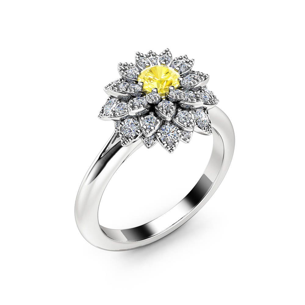 Yellow Diamond Flower Engagement Ring 14K White Gold Fancy