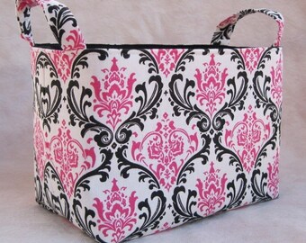 READY TO SHIP - Fabric Organizer Storage Organization Container Bin Basket - Dark Pink / Black/ White Damask