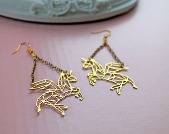 Golden flying Unicorn long earrings fantasy filigree geometric