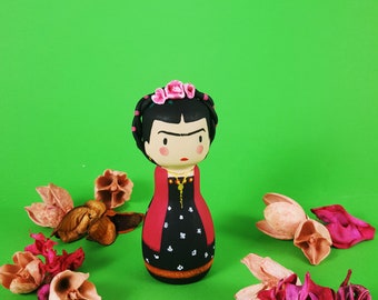 kokeshi Peg doll wooden doll Frida Kahlo handpainting