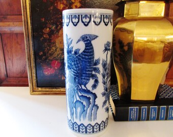 Vintage Blue and White Chinoiserie Vase by Andrea by Sadek, Oriental Style Pheasant Birds, Hollywood Regency, Palm Beach Decor