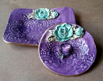 Ceramic Ring Holder with Trinket Dish Set Engagement Ring Holder Purple and aqua with Gold edging