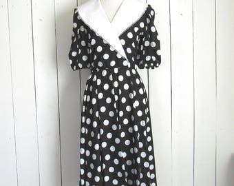 80s Polka Dot Dress Vintage Large Collar Midi Dress Black White Puffy Sleeves Leslie Fay Petites Medium M