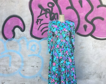 Vintage 1980s Jewel Toned Floral Jersey Knit Dress (Size Small/Medium)
