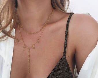 Gold Fill Necklace, Y Necklace, Beaded Chain, Delicate Necklace, Gold Lariat Necklace, Boho Necklace