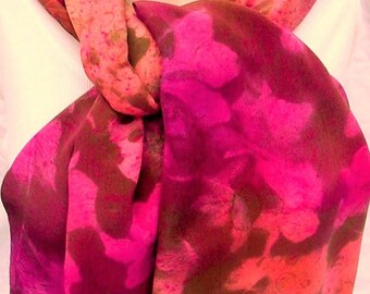 silk scarf hand painted large long Azalea luxury crepe unique wearable art women peach pink bronze