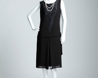 Sleeveless black chiffon and lace flapper dress, black art deco party dress, Great Gatsby evening dress, little black dress, robe Gatsby