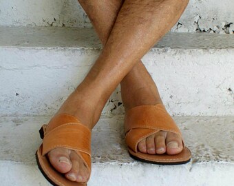 CRONOS mens leather sandals/ mens Greek leather sandals/ mens leather slides/ mens ancient grecian sandals/ mens leather roman sandals