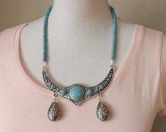 Boho necklace, party necklace, turquoise necklace, antique silver necklace, festival jewellery, gypsy necklace, party jewellery, Bohemian