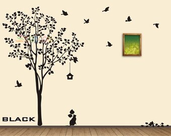 Tree Wall Decal Nursery Wall Decal Birds Cat Wall Sticker Large Tree Wall Decal