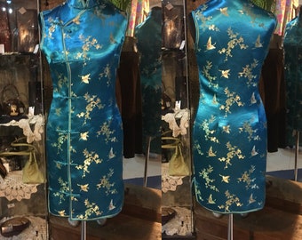1990' authentic chinese short, sleeveles blue-gold dress. Size XS.