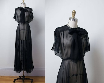 1930s Chiffon Gown / 30s Sheer Black Dress
