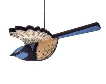 Wren Mobile, Hand Printed Wooden Lino Printed Hanging Bird, Fairy Wren, Australian Bird,