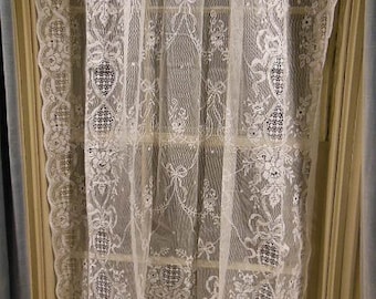 1 Pair of Vintage Pure White All Cotton Lace Curtain Panels