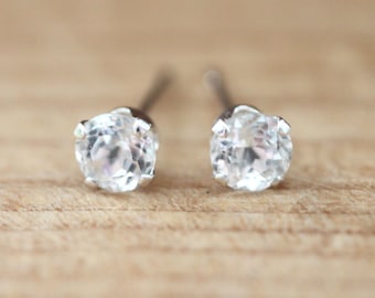 White Topaz Stud Earrings 3mm Sterling Silver with Genuine Topaz April Birthstone Earrings