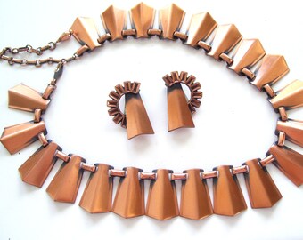 Renoir Necklace Earrings Set, Bold Vintage RENOIR Copper Modernist Geometric Link Necklace and Clip Earrings Set, MCM Copper Jewelry