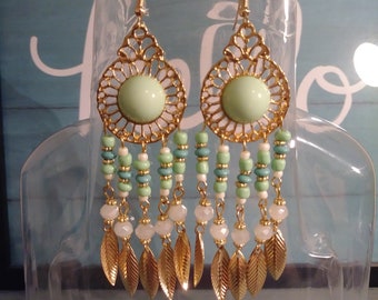 Gold &Teal Green or Teal Blue Feathered Earrings