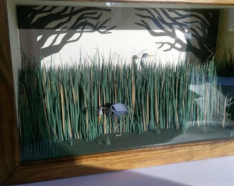 Peeping Herons. Paper-cut Kinetic Heron Sculpture. 2018