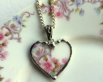 Broken china jewelry - beautiful heart pendant - broken china jewelry necklace - antique pink roses porcelain - Dishfunctional Designs