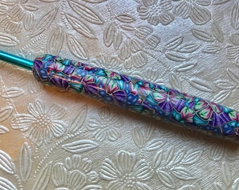Crochet Hook, Polymer Clay Kaleidoscope Pattern, Extended Handle