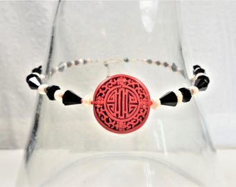 Chinese graphic focal bead - black glass and freshwater pearls - sterling silver