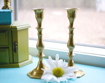 Pair Vintage Mid-Century Solid Brass Candlestick Holders (Made in India)