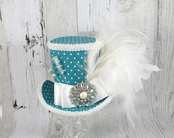 Teal and White Polka Dot Empress Collection Large Mini Top Hat Fascinator, Alice in Wonderland, Mad Hatter Tea Party, , Derby Hat