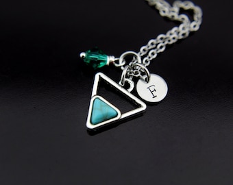 Silver Turquoise Charm Necklace, Turquoise Pendant, Triangle Geometric Jewelry, Personalized Necklace, Initial Charm, Birthstone Jewelry