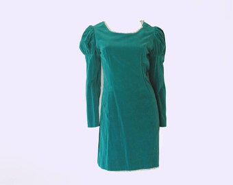Mod Mint Green Velvet Puff Sleeve Mini Sheath Dress w/ Petite Lace Trim