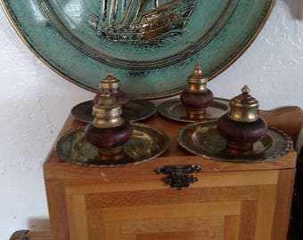 Vintage Brass and Wood Incense Burners on Brass Plates