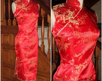 60's Silk Brocade Cheongsam Qipao Gown Sheath Dress S Mandarin Cowboy China Dress Side Slit Frog Closure New Old Stock Lovely Red Gold