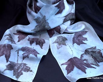 Pale Blue Silk Scarf, Bold Maples Ecoprinted on Silk by Artist,Natural, Sustainable, Unique Slow Fashion art, 8" x 72" 126B Free USA ship